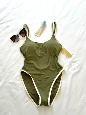 NWT Michael Kors Olive Green One-Piece Swimsuit with Cream Trim | Sculpting